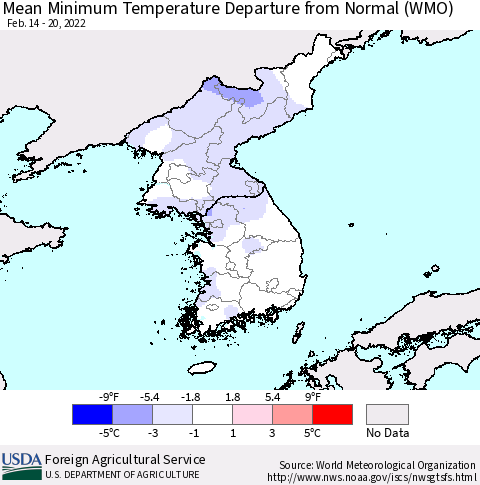 Korea Mean Minimum Temperature Departure from Normal (WMO) Thematic Map For 2/14/2022 - 2/20/2022
