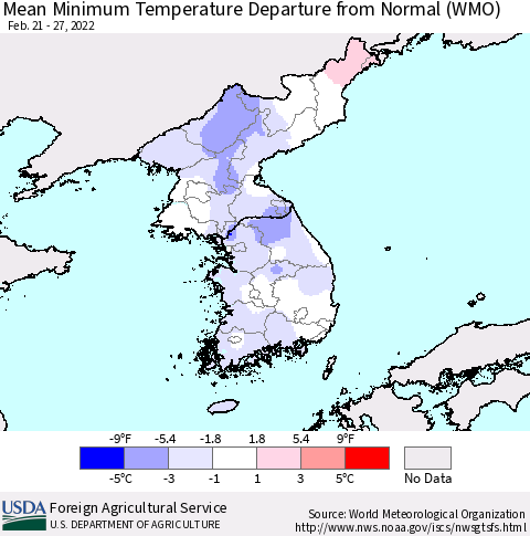 Korea Mean Minimum Temperature Departure from Normal (WMO) Thematic Map For 2/21/2022 - 2/27/2022