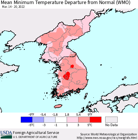 Korea Mean Minimum Temperature Departure from Normal (WMO) Thematic Map For 3/14/2022 - 3/20/2022