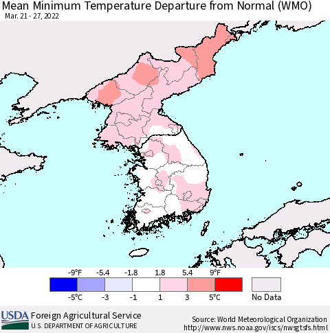 Korea Mean Minimum Temperature Departure from Normal (WMO) Thematic Map For 3/21/2022 - 3/27/2022