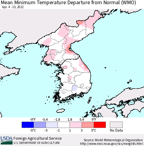 Korea Mean Minimum Temperature Departure from Normal (WMO) Thematic Map For 4/4/2022 - 4/10/2022