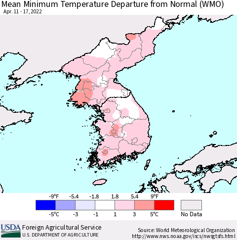 Korea Mean Minimum Temperature Departure from Normal (WMO) Thematic Map For 4/11/2022 - 4/17/2022