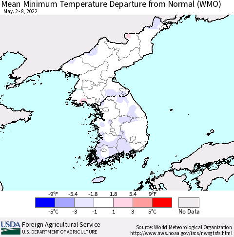 Korea Minimum Temperature Departure From Normal (WMO) Thematic Map For 5/2/2022 - 5/8/2022