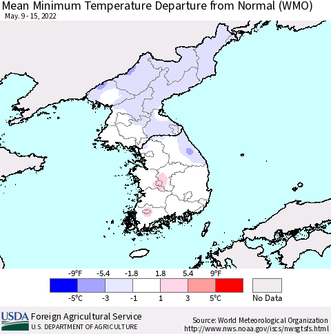 Korea Mean Minimum Temperature Departure from Normal (WMO) Thematic Map For 5/9/2022 - 5/15/2022
