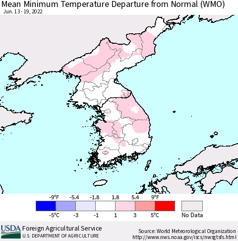 Korea Mean Minimum Temperature Departure from Normal (WMO) Thematic Map For 6/13/2022 - 6/19/2022