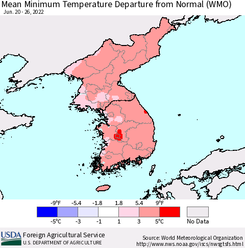 Korea Mean Minimum Temperature Departure from Normal (WMO) Thematic Map For 6/20/2022 - 6/26/2022
