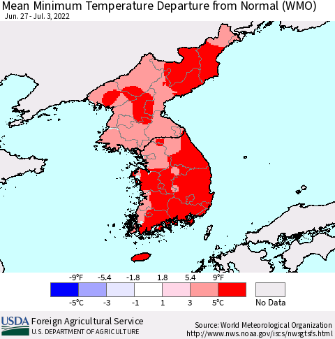 Korea Mean Minimum Temperature Departure from Normal (WMO) Thematic Map For 6/27/2022 - 7/3/2022