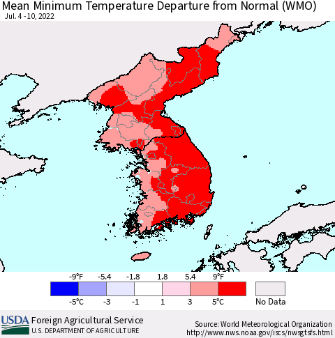 Korea Minimum Temperature Departure From Normal (WMO) Thematic Map For 7/4/2022 - 7/10/2022