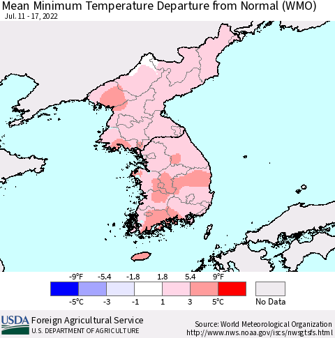 Korea Minimum Temperature Departure From Normal (WMO) Thematic Map For 7/11/2022 - 7/17/2022
