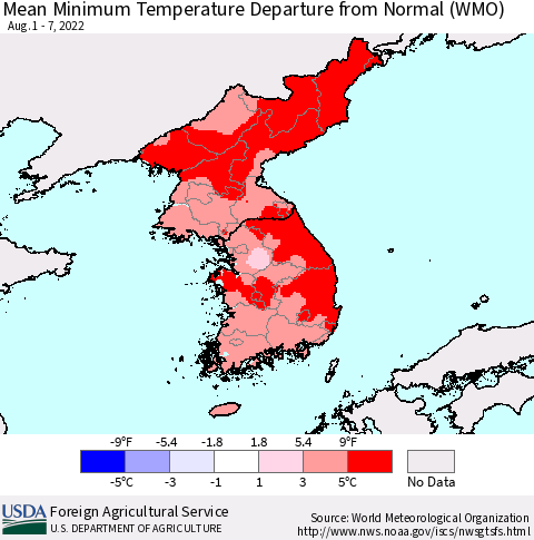 Korea Mean Minimum Temperature Departure from Normal (WMO) Thematic Map For 8/1/2022 - 8/7/2022