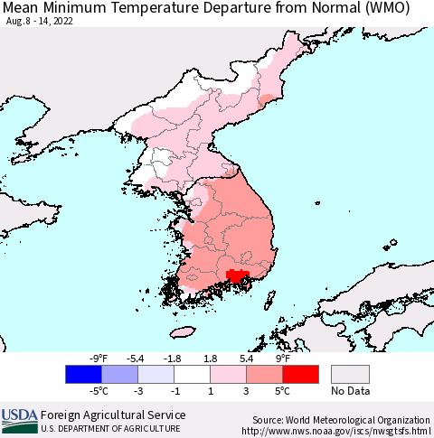 Korea Mean Minimum Temperature Departure from Normal (WMO) Thematic Map For 8/8/2022 - 8/14/2022