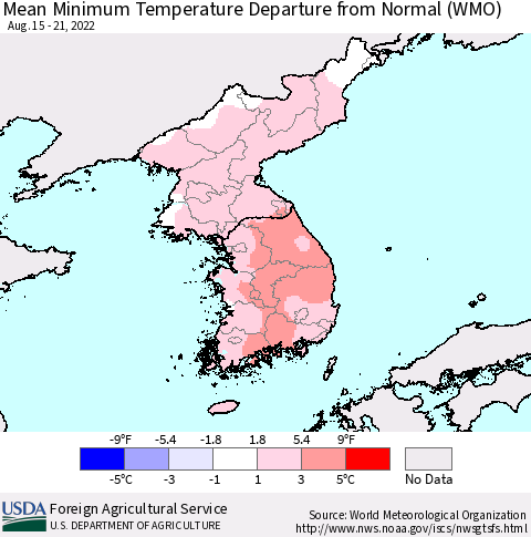 Korea Mean Minimum Temperature Departure from Normal (WMO) Thematic Map For 8/15/2022 - 8/21/2022