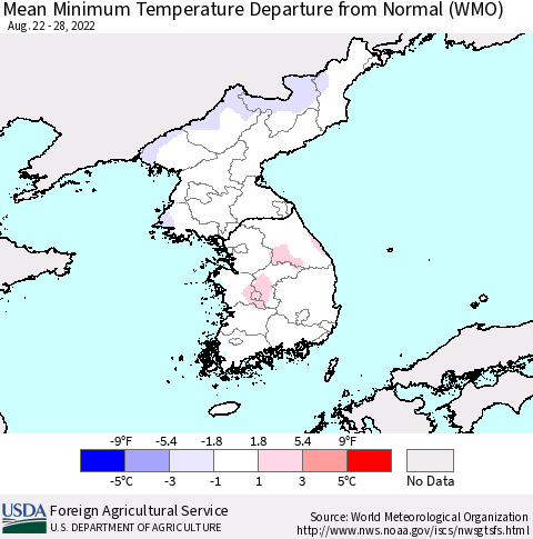 Korea Mean Minimum Temperature Departure from Normal (WMO) Thematic Map For 8/22/2022 - 8/28/2022