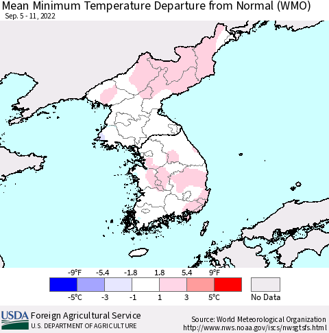 Korea Mean Minimum Temperature Departure from Normal (WMO) Thematic Map For 9/5/2022 - 9/11/2022