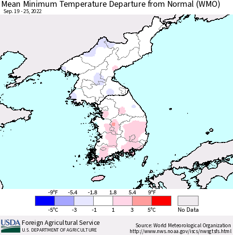 Korea Minimum Temperature Departure From Normal (WMO) Thematic Map For 9/19/2022 - 9/25/2022