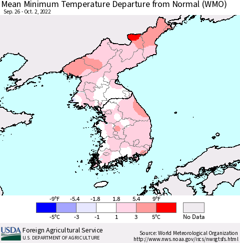 Korea Mean Minimum Temperature Departure from Normal (WMO) Thematic Map For 9/26/2022 - 10/2/2022