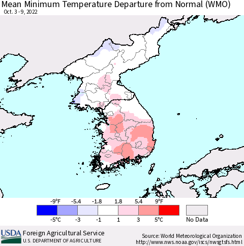Korea Mean Minimum Temperature Departure from Normal (WMO) Thematic Map For 10/3/2022 - 10/9/2022