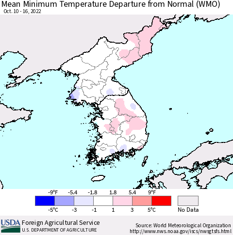 Korea Mean Minimum Temperature Departure from Normal (WMO) Thematic Map For 10/10/2022 - 10/16/2022