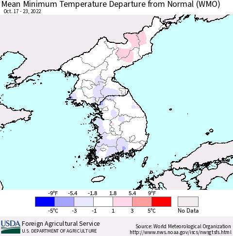 Korea Mean Minimum Temperature Departure from Normal (WMO) Thematic Map For 10/17/2022 - 10/23/2022