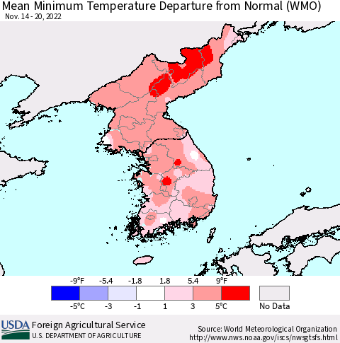 Korea Mean Minimum Temperature Departure from Normal (WMO) Thematic Map For 11/14/2022 - 11/20/2022