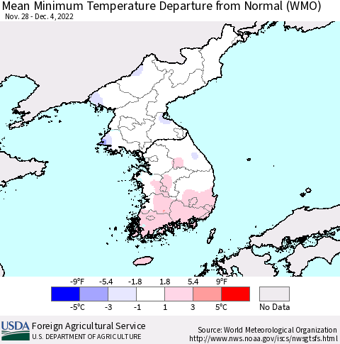 Korea Mean Minimum Temperature Departure from Normal (WMO) Thematic Map For 11/28/2022 - 12/4/2022