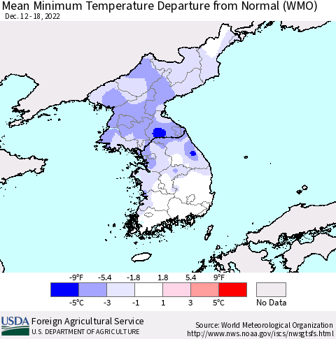 Korea Mean Minimum Temperature Departure from Normal (WMO) Thematic Map For 12/12/2022 - 12/18/2022