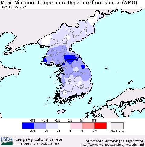 Korea Mean Minimum Temperature Departure from Normal (WMO) Thematic Map For 12/19/2022 - 12/25/2022