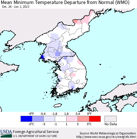 Korea Mean Minimum Temperature Departure from Normal (WMO) Thematic Map For 12/26/2022 - 1/1/2023