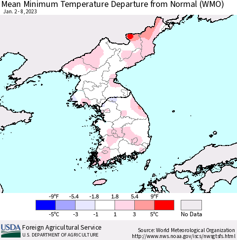 Korea Mean Minimum Temperature Departure from Normal (WMO) Thematic Map For 1/2/2023 - 1/8/2023