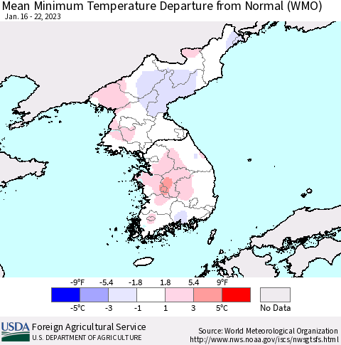 Korea Mean Minimum Temperature Departure from Normal (WMO) Thematic Map For 1/16/2023 - 1/22/2023