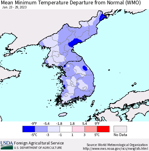 Korea Mean Minimum Temperature Departure from Normal (WMO) Thematic Map For 1/23/2023 - 1/29/2023