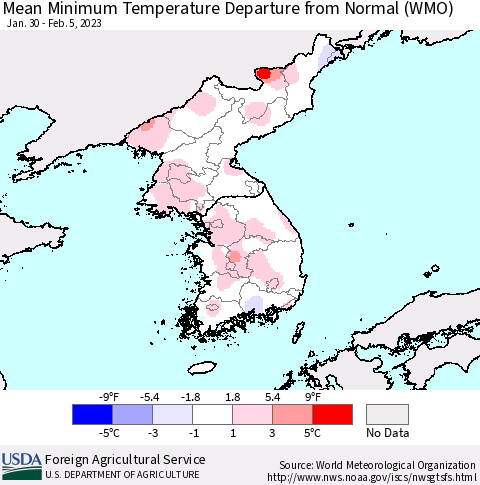 Korea Mean Minimum Temperature Departure from Normal (WMO) Thematic Map For 1/30/2023 - 2/5/2023