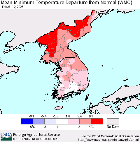 Korea Mean Minimum Temperature Departure from Normal (WMO) Thematic Map For 2/6/2023 - 2/12/2023