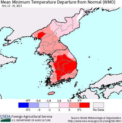 Korea Mean Minimum Temperature Departure from Normal (WMO) Thematic Map For 2/13/2023 - 2/19/2023