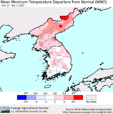 Korea Mean Minimum Temperature Departure from Normal (WMO) Thematic Map For 2/27/2023 - 3/5/2023