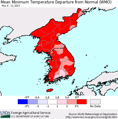 Korea Mean Minimum Temperature Departure from Normal (WMO) Thematic Map For 3/6/2023 - 3/12/2023
