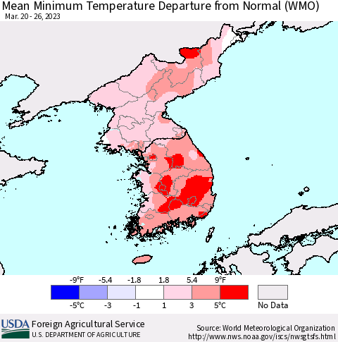 Korea Mean Minimum Temperature Departure from Normal (WMO) Thematic Map For 3/20/2023 - 3/26/2023