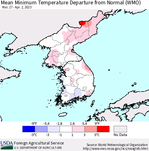 Korea Mean Minimum Temperature Departure from Normal (WMO) Thematic Map For 3/27/2023 - 4/2/2023