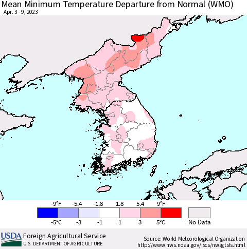 Korea Mean Minimum Temperature Departure from Normal (WMO) Thematic Map For 4/3/2023 - 4/9/2023