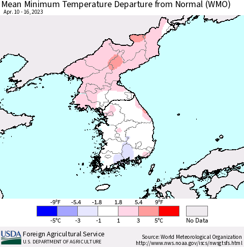 Korea Mean Minimum Temperature Departure from Normal (WMO) Thematic Map For 4/10/2023 - 4/16/2023