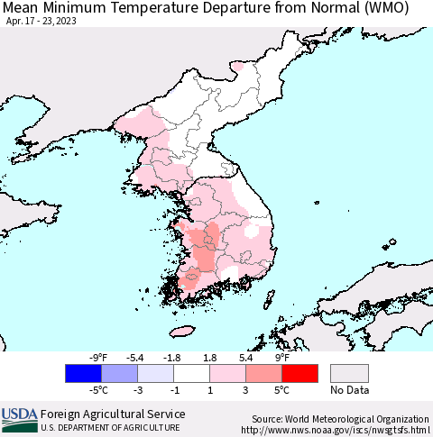Korea Mean Minimum Temperature Departure from Normal (WMO) Thematic Map For 4/17/2023 - 4/23/2023
