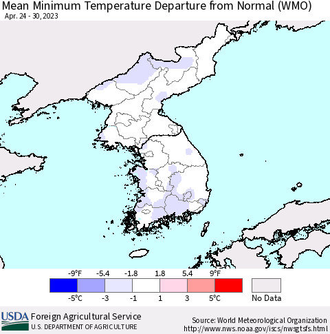 Korea Mean Minimum Temperature Departure from Normal (WMO) Thematic Map For 4/24/2023 - 4/30/2023