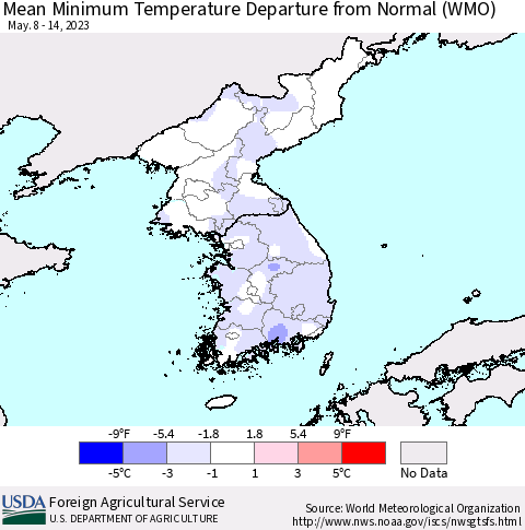 Korea Mean Minimum Temperature Departure from Normal (WMO) Thematic Map For 5/8/2023 - 5/14/2023