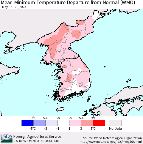 Korea Mean Minimum Temperature Departure from Normal (WMO) Thematic Map For 5/15/2023 - 5/21/2023