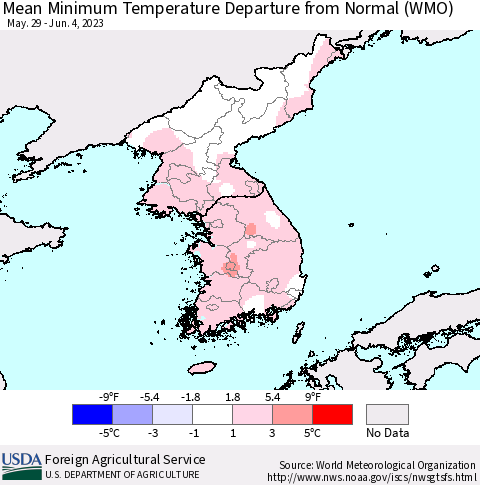 Korea Mean Minimum Temperature Departure from Normal (WMO) Thematic Map For 5/29/2023 - 6/4/2023