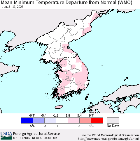 Korea Mean Minimum Temperature Departure from Normal (WMO) Thematic Map For 6/5/2023 - 6/11/2023