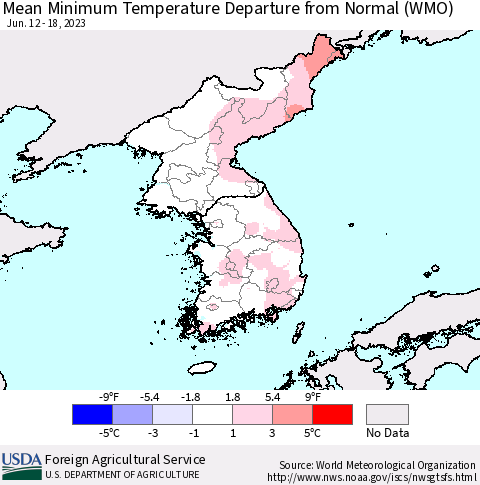 Korea Mean Minimum Temperature Departure from Normal (WMO) Thematic Map For 6/12/2023 - 6/18/2023