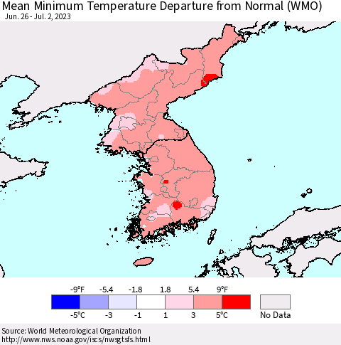 Korea Mean Minimum Temperature Departure from Normal (WMO) Thematic Map For 6/26/2023 - 7/2/2023