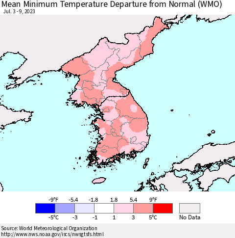 Korea Mean Minimum Temperature Departure from Normal (WMO) Thematic Map For 7/3/2023 - 7/9/2023