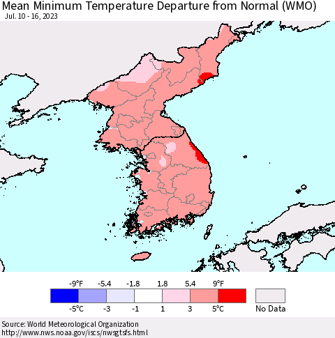 Korea Mean Minimum Temperature Departure from Normal (WMO) Thematic Map For 7/10/2023 - 7/16/2023